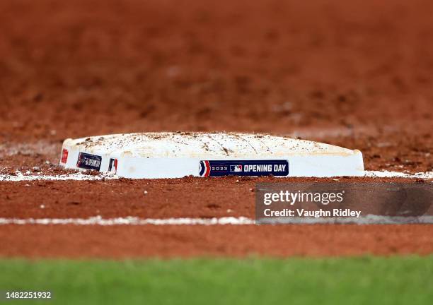 Opening Day logo on first base during a game between the Toronto Blue Jays and the Detroit Tigers at Rogers Centre on April 11, 2023 in Toronto,...