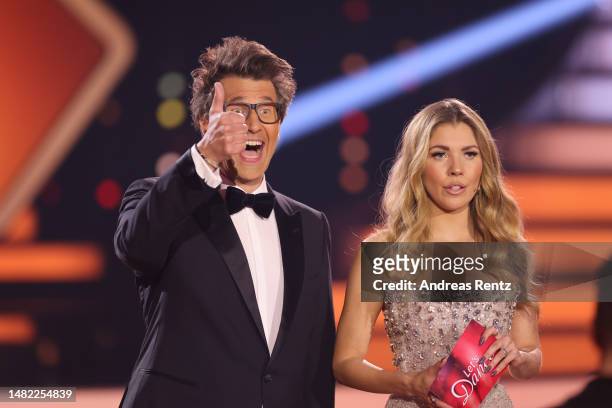 Hosts Daniel Hartwich and Victoria Swarovski are seen during the 7th Show of "Let's Dance" at MMC Studios on April 14, 2023 in Cologne, Germany.
