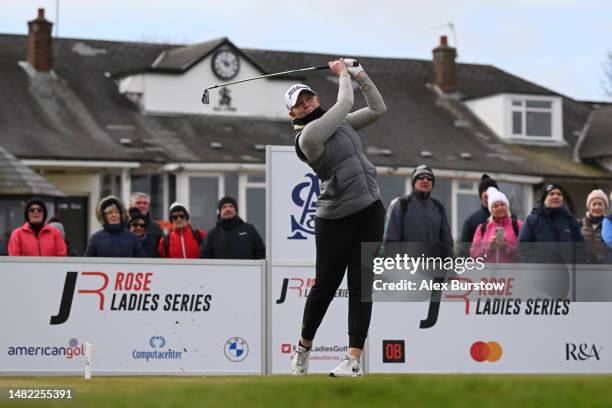 Cloe Frankish of England tees off on the first hole during The Rose Ladies Series at Southport and Ainsdale Golf Club on April 13, 2023 in Southport,...