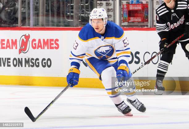 Jeff Skinner of the Buffalo Sabres against the New Jersey Devils at the Prudential Center on April 11, 2023 in Newark, New Jersey.