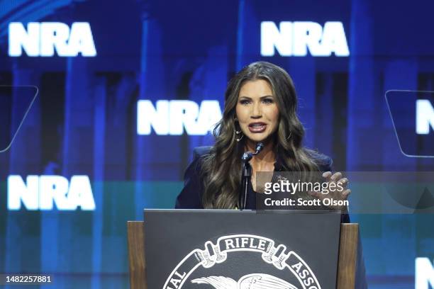 South Dakota Governor Kristi Noem speaks to guests at the 2023 NRA-ILA Leadership Forum on April 13, 2023 in Indianapolis, Indiana. The forum is part...