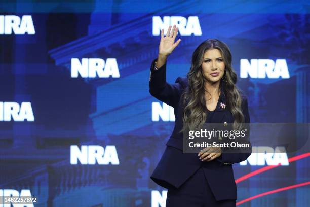 South Dakota Governor Kristi Noem speaks to guests at the 2023 NRA-ILA Leadership Forum on April 13, 2023 in Indianapolis, Indiana. The forum is part...
