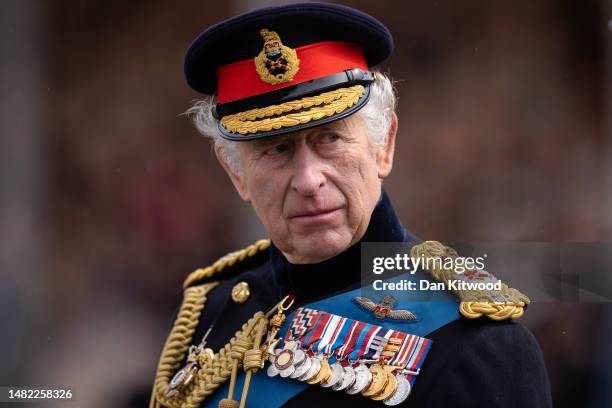 King Charles III inspects the 200th Sovereign's parade at Royal Military Academy Sandhurst on April 14, 2023 in Camberley, England. The parade marks...