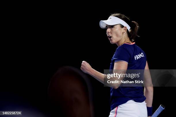 Alize Cornet of France celebrates during the Billie Jean King Cup Qualifier match between Great Britain and France at The Coventry Building Society...
