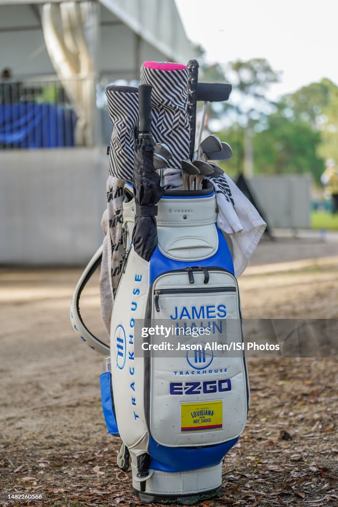 James Hahns bag stands up in between holes during Round Two of the ...