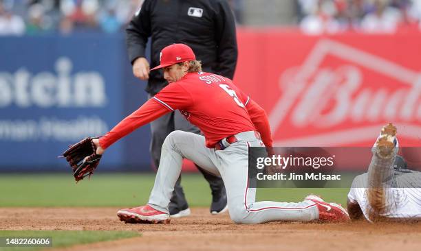 Bryson Stott of the Philadelphia Phillies in action against the nnat Yankee Stadium on April 05, 2023 in Bronx, New York. The Yankees defeated the...