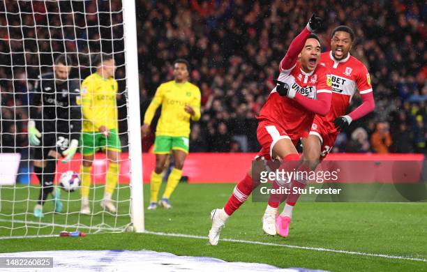 Middlesbrough player Aaron Ramsey celebrates after scoring the first goal during the Sky Bet Championship between Middlesbrough and Norwich City at...