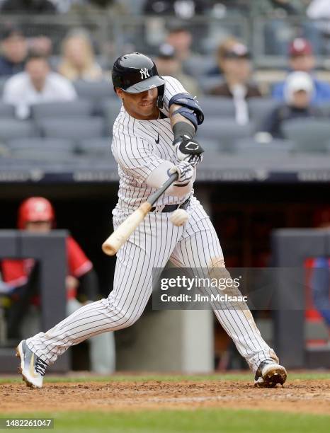 Gleyber Torres of the New York Yankees in action against the Philadelphia Phillies at Yankee Stadium on April 05, 2023 in Bronx, New York. The...