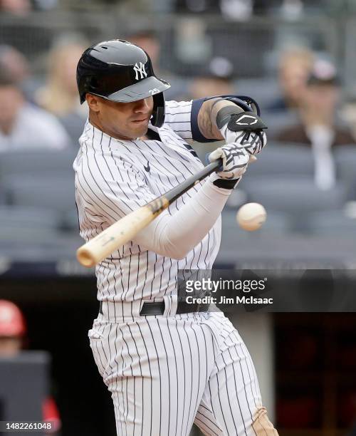 Gleyber Torres of the New York Yankees in action against the Philadelphia Phillies at Yankee Stadium on April 05, 2023 in Bronx, New York. The...