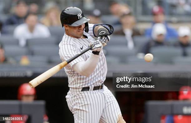 Gleyber Torres of the New York Yankees in action against the Philadelphia Phillies at Yankee Stadium on April 05, 2023 in Bronx, New York. The...