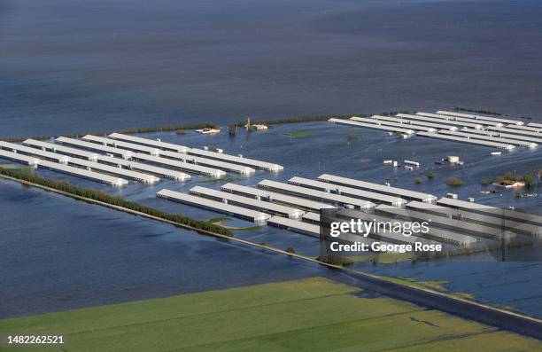 Flooded turkey farm in the middle of the re-emergence of Tulare Lake, a once great body of water in the southern Central Valley, now beginning to...