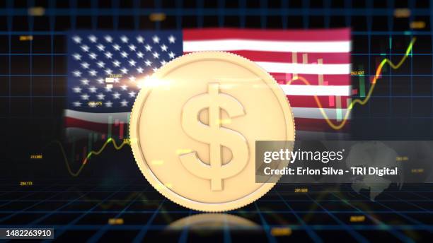 american currency dollar symbol in financial environment and american flag in the background on the american economy - treasury stock pictures, royalty-free photos & images