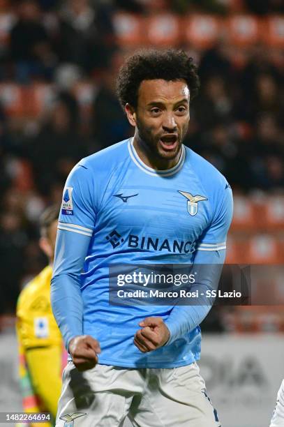 Felipe Anderson of SS Lazio celebrates a second goal during the Serie A match between Spezia Calcio and SS Lazio at Stadio Alberto Picco on April 14,...