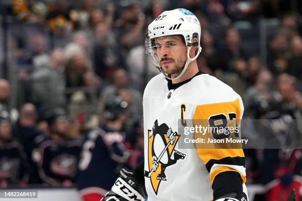 Sidney Crosby of the Pittsburgh Penguins looks on during a stoppage of play in the second period against the Columbus Blue Jackets at Nationwide...