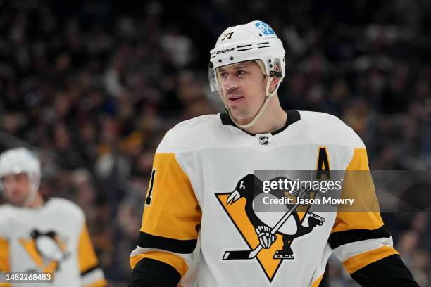 Evgeni Malkin of the Pittsburgh Penguins looks on during a stoppage in play in the first period against the Columbus Blue Jackets at Nationwide Arena...