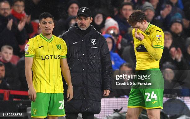 Norwich goalscorer Josh Sargent reacts as head coach David Wagner looks on during the Sky Bet Championship between Middlesbrough and Norwich City at...