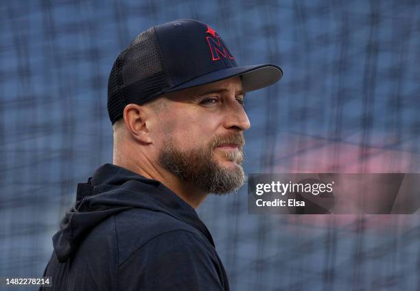 Manager Rocco Baldelli of the Minnesota Twins looks on during batting practice before the game against the New York Yankees at Yankee Stadium on...