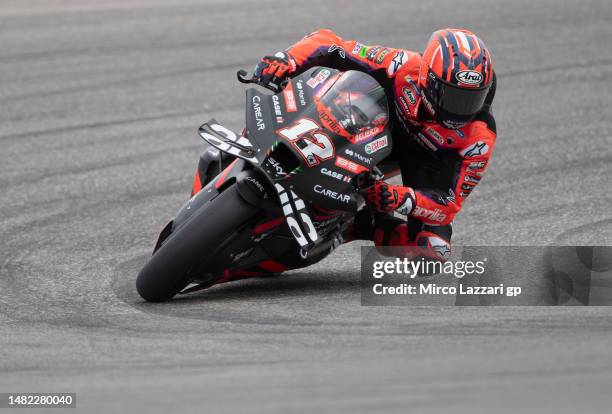 Maverick Vinales of Spain and Aprilia Racing rounds the bend during the MotoGP Of The Americas - Free Practice on April 14, 2023 in Austin, Texas.