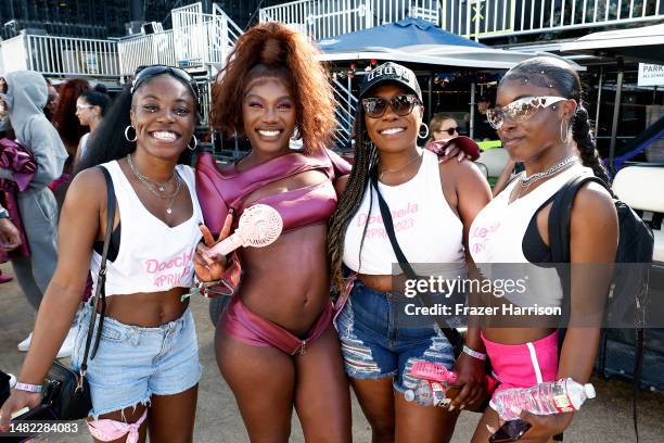 Doechii and guests pose backstage during the 2023 Coachella Valley Music and Arts Festival on April 14, 2023 in Indio, California.