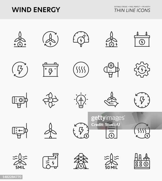 wind energy editable stroke icons - power of tower stock illustrations