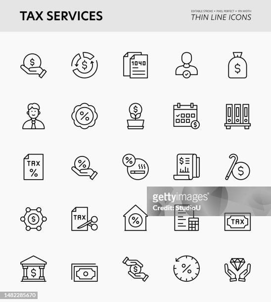 ilustraciones, imágenes clip art, dibujos animados e iconos de stock de iconos de trazo editables de tax services - duty free