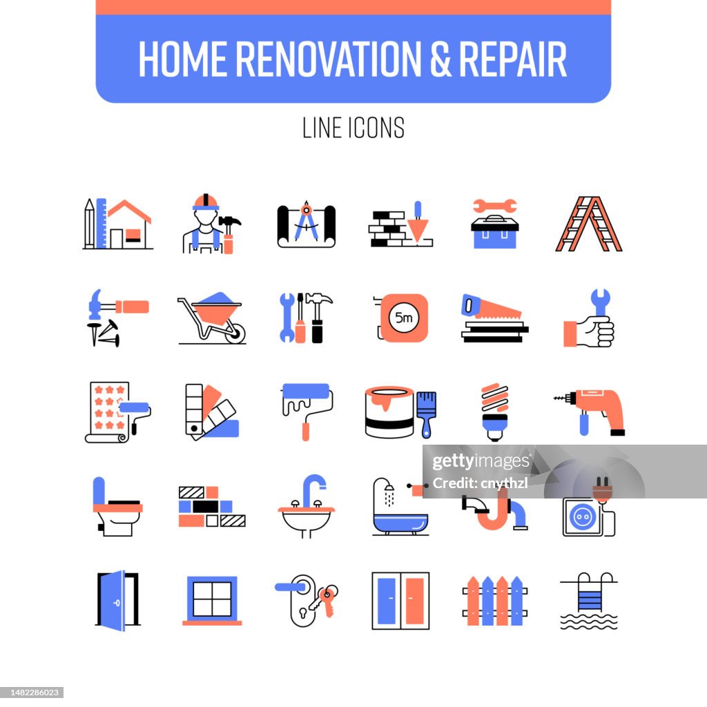Home Renovation and Repair Line Icon Set. Architect, Contractor, House.