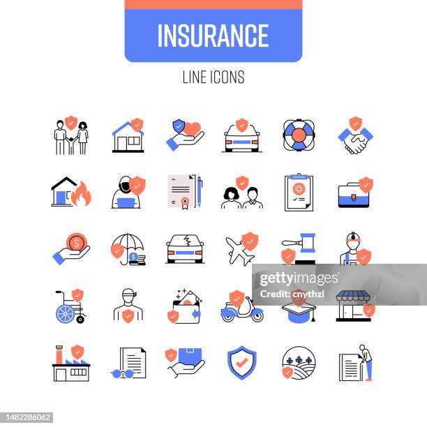 insurance line icon set. protection, accident, support, emergency, retirement, healthcare. - claim form stock illustrations