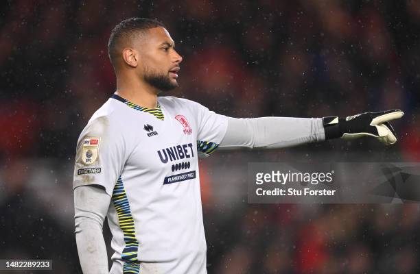 Middlesbrough goalkeeper Zack Steffen in action during the Sky Bet Championship between Middlesbrough and Norwich City at Riverside Stadium on April...