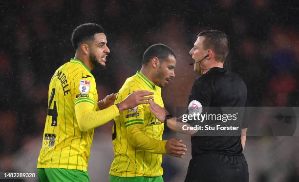 Andrew Omobamidele of Norwich protests to referee Josh Smith after the second Boro goal during the Sky Bet Championship between Middlesbrough and...