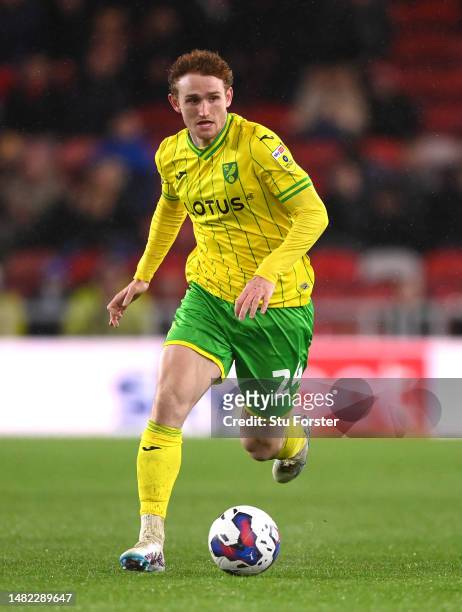 Josh Sargent of Norwich in action during the Sky Bet Championship between Middlesbrough and Norwich City at Riverside Stadium on April 14, 2023 in...