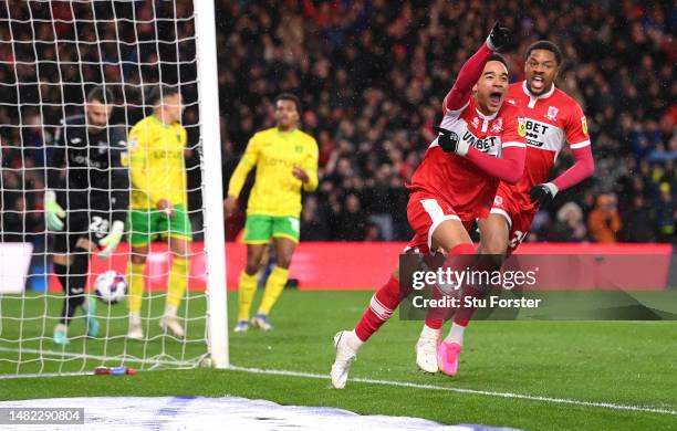 Middlesbrough player Aaron Ramsey celebrates after scoring the first goal during the Sky Bet Championship between Middlesbrough and Norwich City at...