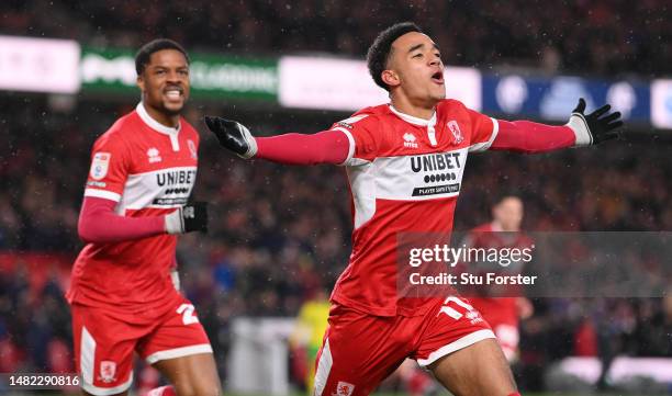 Middlesbrough player Aaron Ramsey celebrates after scoring the opening goal during the Sky Bet Championship between Middlesbrough and Norwich City at...