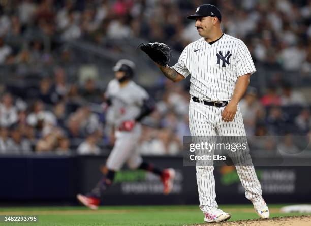 Nestor Cortes of the New York Yankees reacts after giving up a solo home run to Carlos Correa of the Minnesota Twins in the sixth inning at Yankee...