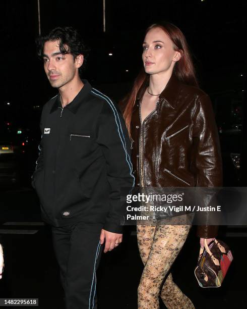 Joe Jonas and Sophie Turner are seen attending the "Cup of Joe" O﻿fficial Concert After Party at 26 Leake Street on April 14, 2023 in London, England.