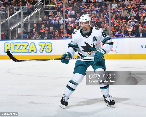 Erik Karlsson of the San Jose Sharks skates during the game against the Edmonton Oilers on April 13, 2023 at Rogers Place in Edmonton, Alberta,...