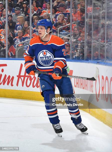 Mattias Janmark of the Edmonton Oilers skates during the game against the San Jose Sharks on April 13, 2023 at Rogers Place in Edmonton, Alberta,...