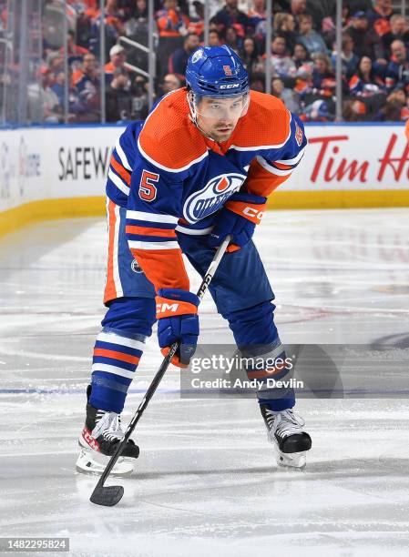 Cody Ceci of the Edmonton Oilers awaits a face-off during the game against the San Jose Sharks on April 13, 2023 at Rogers Place in Edmonton,...