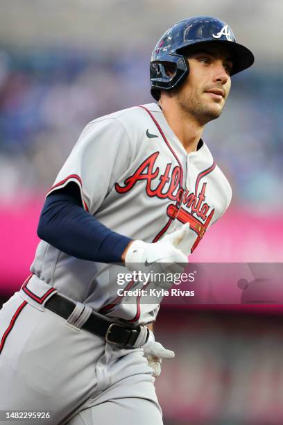 Matt Olson of the Atlanta Braves rounds the bases after hitting a solo home run against the Kansas City Royals during the first inning at Kauffman...