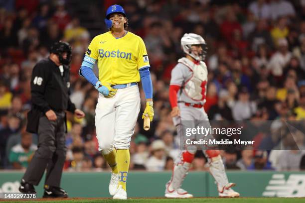 Triston Casas of the Boston Red Sox reacts after striking out during the fourth inning against the Los Angeles Angels at Fenway Park on April 14,...