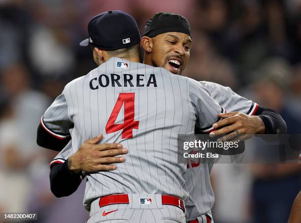 Carlos Correa and Byron Buxton of the Minnesota Twins celebrate the win over the New York Yankees at Yankee Stadium on April 14, 2023 in the Bronx...