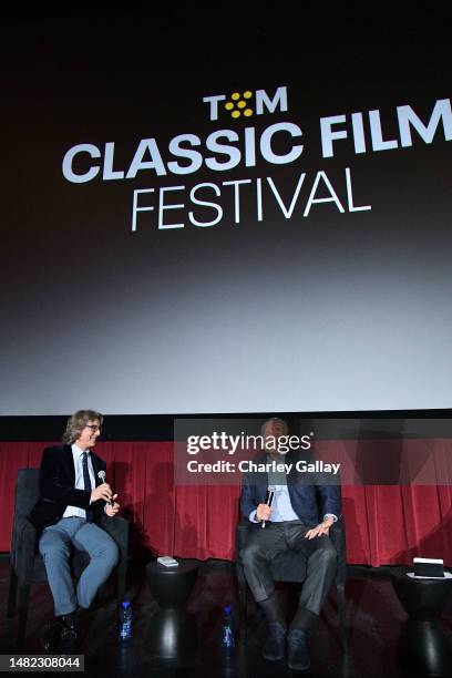 Alexander Payne and George Stevens Jr. Speak onstage during the screening of "Penny Serenade" during the 2023 TCM Classic Film Festival on April 14,...