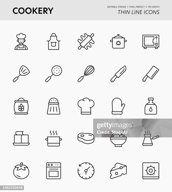 illustrations, cliparts, dessins animés et icônes de icônes de contour modifiables de cuisine - toque de cuisinier