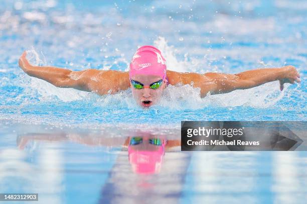 Regan Smith competes in the Women's 200 Meter Butterfly Final on Day 3 of the TYR Pro Swim Series Westmont at FMC Natatorium on April 14, 2023 in...