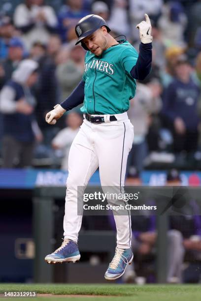 Jarred Kelenic of the Seattle Mariners celebrates his two run home run during the second inning against the Colorado Rockies at T-Mobile Park on...