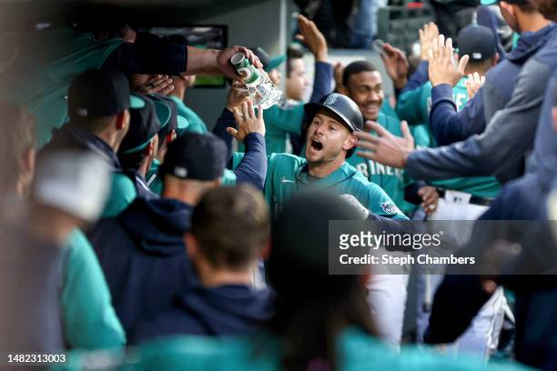 Jarred Kelenic of the Seattle Mariners celebrates his two run home run during the second inning against the Colorado Rockies at T-Mobile Park on...