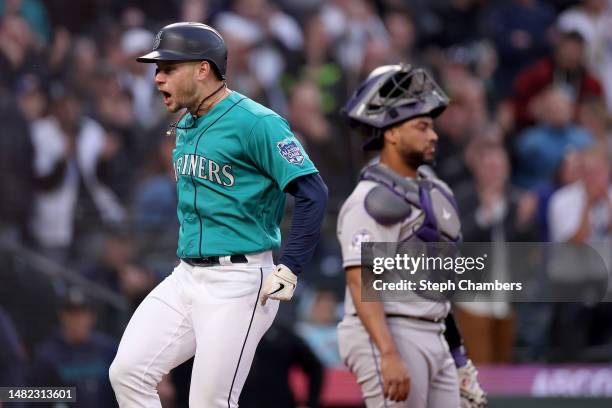 Jarred Kelenic of the Seattle Mariners celebrates his two run home run during the second inning against the Colorado Rockies at T-Mobile Park on...