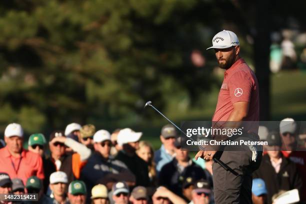 Jon Rahm of Spain putts on the 16th green during the final round of the 2023 Masters Tournament at Augusta National Golf Club on April 09, 2023 in...