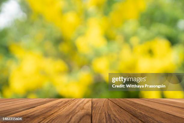 backgrounds: empty wooden table with defocused green - picnic table stock pictures, royalty-free photos & images