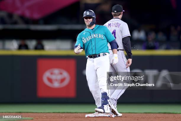 Ty France of the Seattle Mariners reacts after his two-run RBI double against the Colorado Rockies during the fourth inning at T-Mobile Park on April...