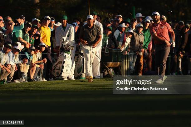 Jon Rahm of Spain plays a tee shot on the 18th hole during the final round of the 2023 Masters Tournament at Augusta National Golf Club on April 09,...